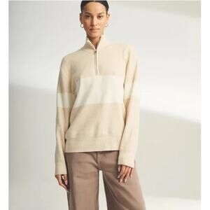Naadam Café Cotton Cashmere Striped Quarter Zip Sweater Beige White Women’s L